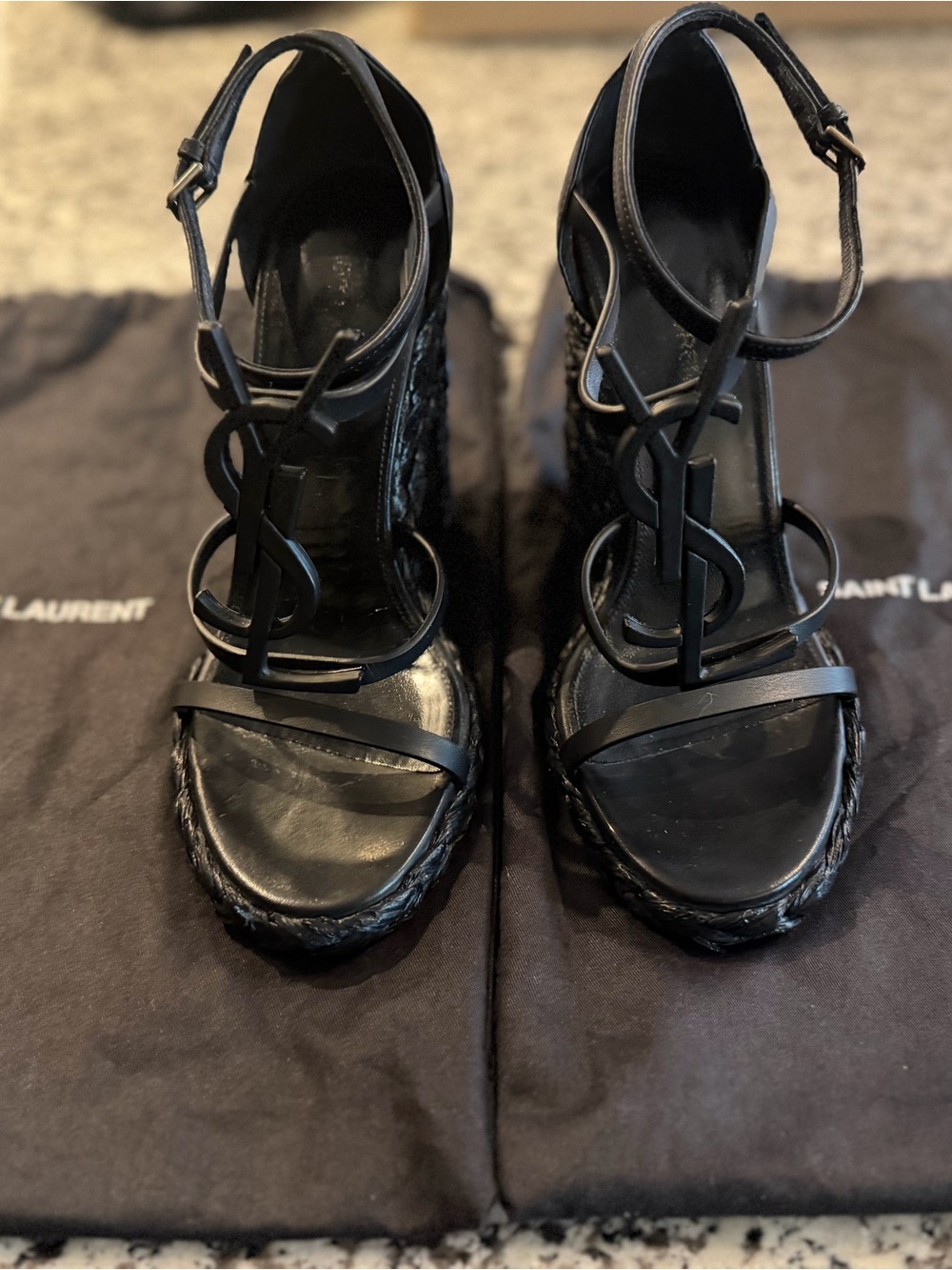 Saint Laurent Black Leather YSL Logo Espadrille Wedges